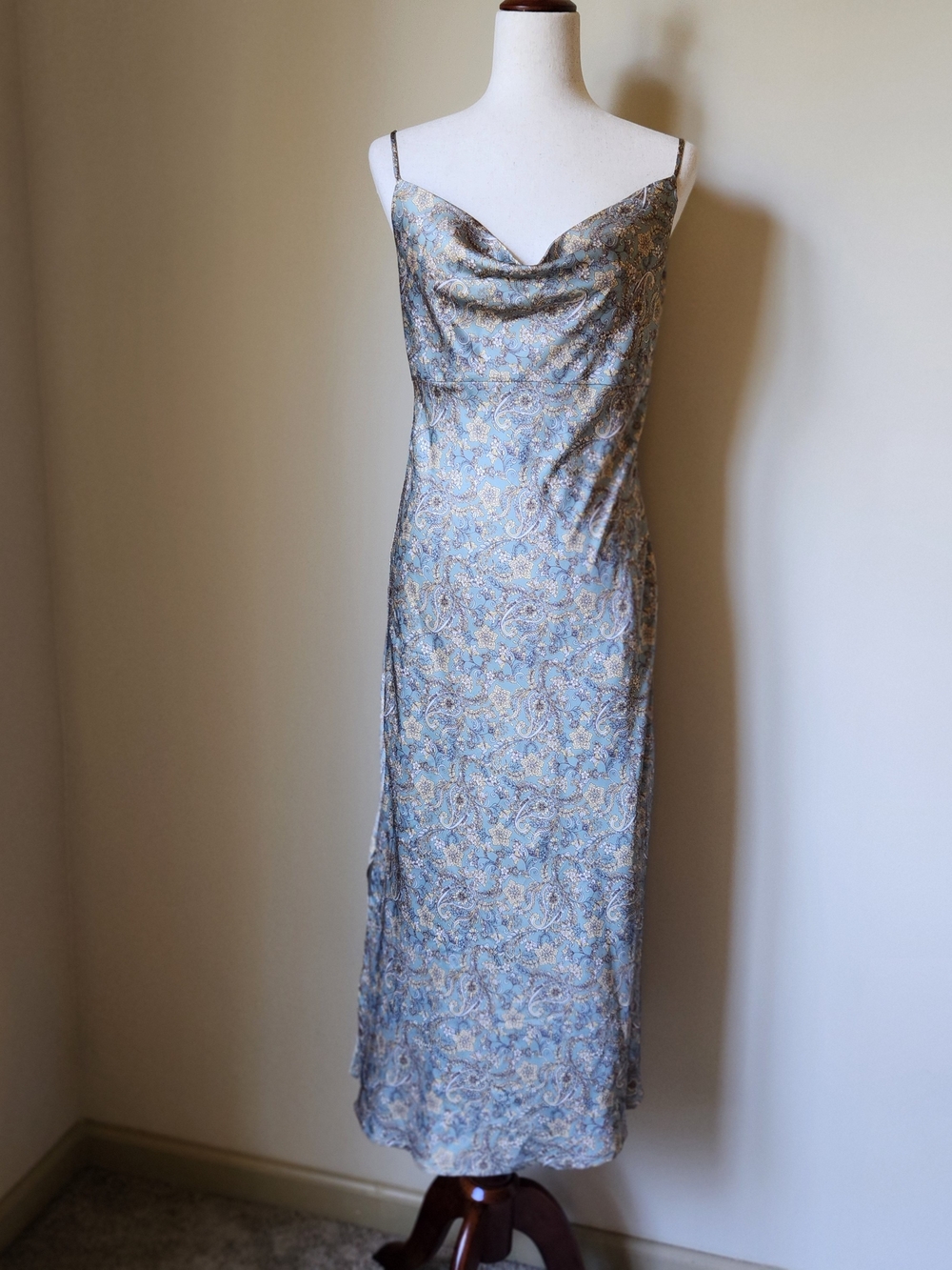Paisley Cowl Neck Satin Slip Maxi Dress Sage Green Tan Size M Medium Moodie